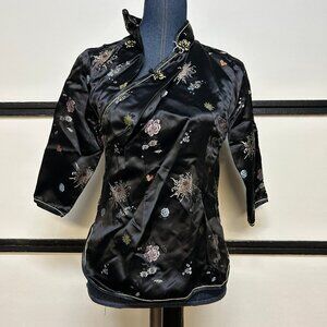 Traditional Chinese Top with zip and snaps, Black w/Flowers, Size 34 (XS)